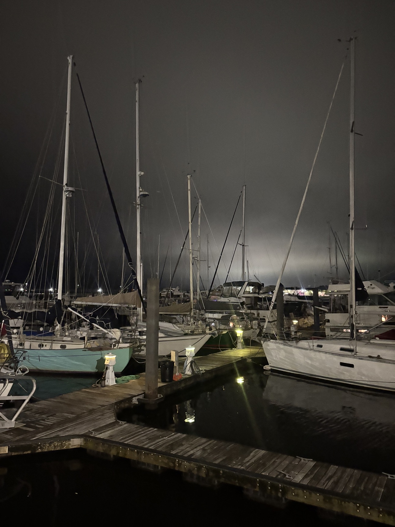 Sailboats at the marina at night in New Bern NC
